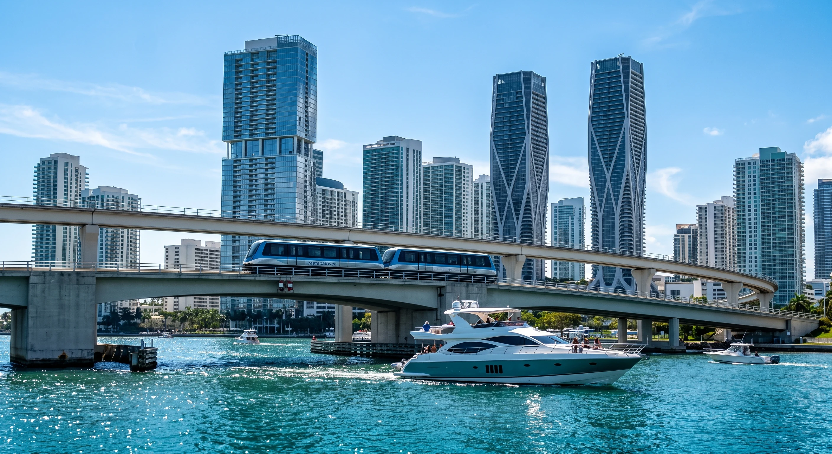 Miami waterfront, skyline, and Metromover